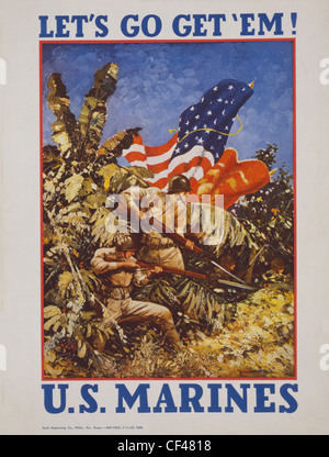 Stati Uniti Marines Poster intitolato: Andiamo get 'em mostra Marines cuscinetto fucili con baionette e bandiere in una giungla. Durante la Seconda Guerra Mondiale Foto Stock