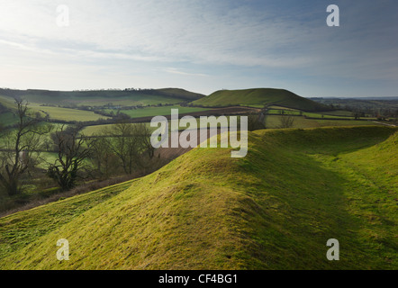 Bastioni su Cadbury castle hill fort guardando verso Parrock Hill. Somerset. In Inghilterra. Regno Unito. Foto Stock