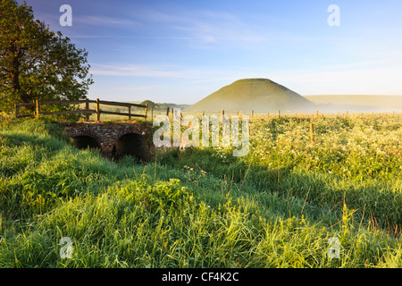 Silbury Hill, artificialmente un tumulo di gesso, il più alto preistoria umana fatta a tumulo in Europa, in una nebbiosa mattina d'estate. Foto Stock