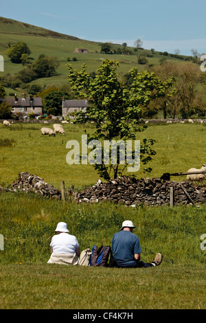 Un paio di scuotipaglia seduto in un campo di prendere una pausa in una giornata di sole nel parco nazionale di Peak District. Foto Stock