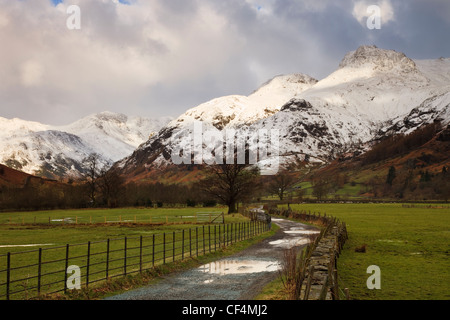 Pozze di acqua in una fattoria la via che conduce verso la coperta di neve Langdale Pikes. Foto Stock