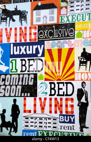 Close up di un colorato per la pubblicità tramite Affissioni 1 di lusso e gli appartamenti a 2 letti in Shoreditch. Foto Stock