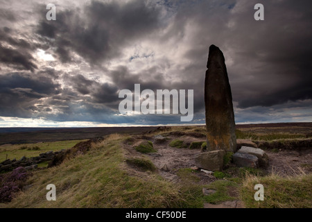 In piedi sulla pietra Blakey Ridge in North York Moors National Park. Foto Stock