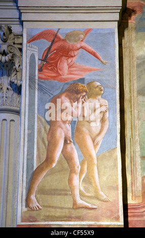 Cacciata di Adamo ed Eva dal giardino di Eden, da Masaccio, Cappella Brancacci, Santa Maria del Carmine a Firenze Toscana Italia Foto Stock