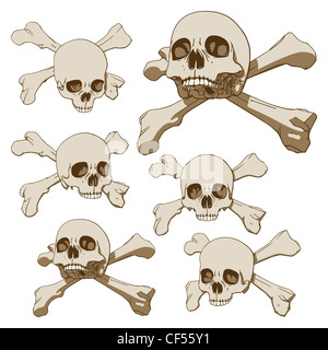 Set di cinque disegni di cranio umano con crossbones Foto Stock
