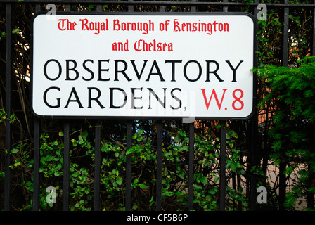 Giardini osservatorio strada segno nel Royal Borough di Kensington e Chelsea. Foto Stock