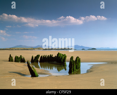 Un naufragio intrappolato nelle sabbie di Traeth Penrhos, con Llanddwyn Island e i picchi di Snowdonia e Lleyn al di là. Foto Stock