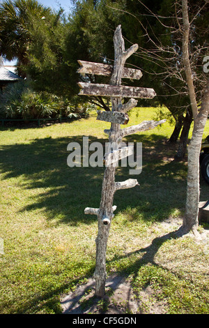 Il lichen coperto cartello in legno illeggibile Foto Stock