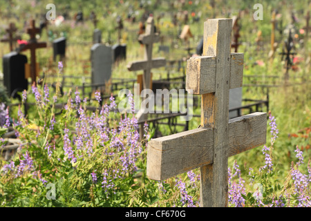 Vecchia croce di legno sulla Tomba Infestata da Erbacce, fiori viola, molte altre lapidi, estate Foto Stock