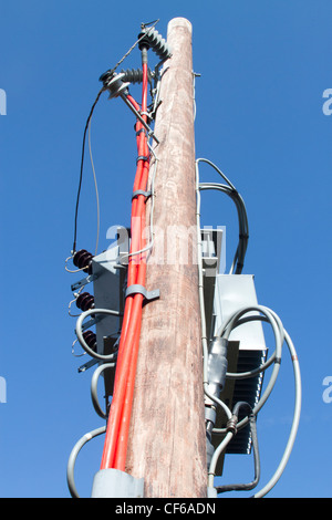 Alimentazione elettrica di rete apparecchiature esterne su pali di supporto e linee di trasmissione. Foto Stock