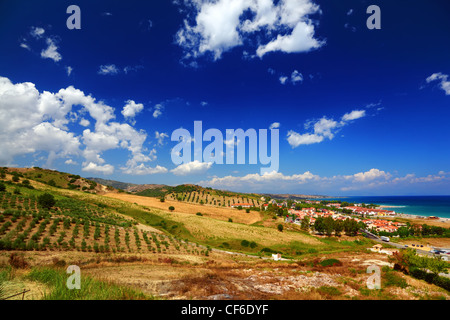 Grande radura con cespugli verdi, alberi e case sulla costa sotto il big blue sky Foto Stock