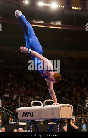 Daniel Purvis (GBR) compete nel cavallo evento al 2012 American Cup ginnastica Foto Stock
