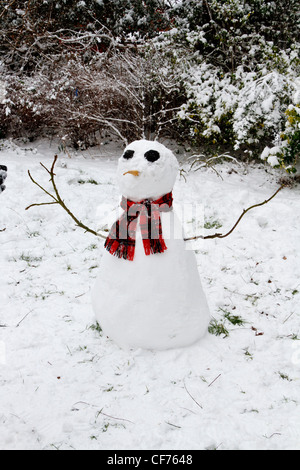 Pupazzo di neve con gli occhi di carbone e sciarpa tartan Foto Stock