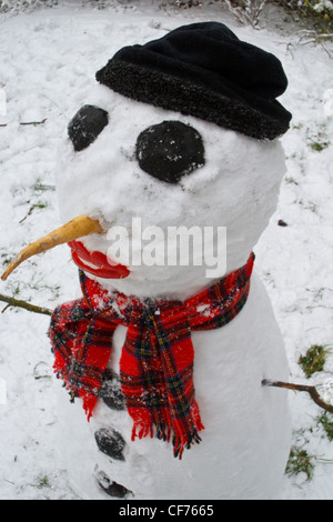 Pupazzo di neve con gli occhi di carbone e sciarpa tartan Foto Stock