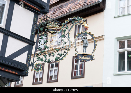 Quedlinburg, Germania con le case con la struttura in legno ed edifici Foto Stock