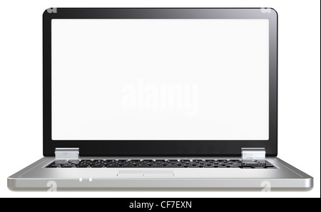 Vista frontale di un computer portatile. Indietro e metallo. Lo schermo è vuoto per copiare lo spazio. Isolato. Foto Stock