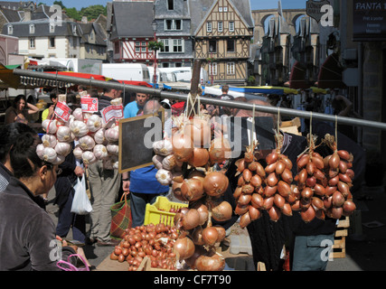 Onion stallo a Morlaix market Foto Stock