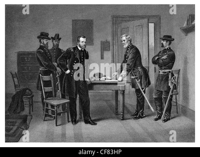 Consegna del Generale Lee in generale di concedere Appomattox court house, Virginia, America, 1865. Fine della guerra civile americana. Foto Stock