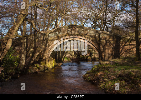 Cacciatori Sty Packhorse antico ponte sul fiume Esk a Westerdale, North Yorkshire Foto Stock