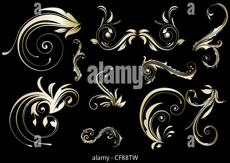 Golden floral pattern vintage isolati su sfondo nero Foto Stock