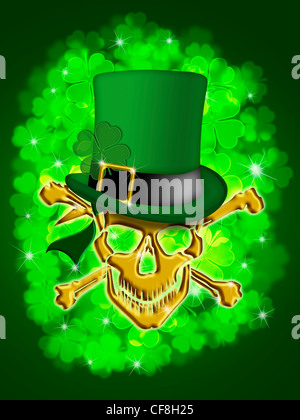 Il giorno di San Patrizio Golden cranio con Leprechaun Hat con trifogli Bokeh sfondo sfocato illustrazione Foto Stock