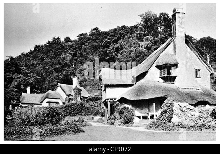 Selworthy Combe verde cottage con il tetto di paglia di paglia villaggio storico di Somerset South West England Europa REGNO UNITO TURISMO Foto Stock