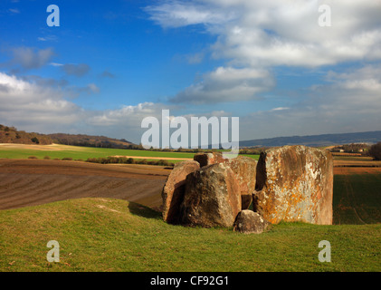 Il Coldrum pietre, un chambered Neolitico Long Barrow. Trottiscliffe, Kent, Inghilterra, Regno Unito. Foto Stock