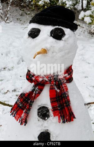 Pupazzo di neve con gli occhi di carbone e sciarpa tartan Foto Stock