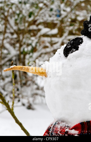 Pupazzo di neve con gli occhi di carbone e sciarpa tartan Foto Stock