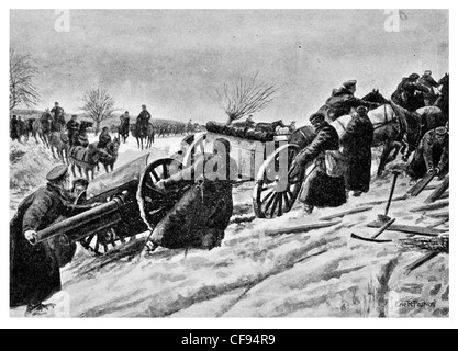 Artiglieria russa negoziando un poco profondo ford canon artiglieria campo trench coat Foto Stock