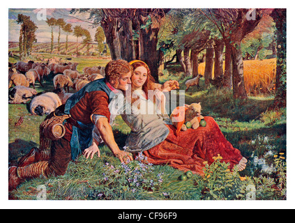 Il mercenario pastore da William Holman Hunt Pre-Raphaelite gregge country girl paesaggio Inglese Manchester Art Gallery ovini Foto Stock