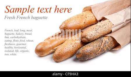 Fresca baguette francese su bianco con un testo di esempio Foto Stock