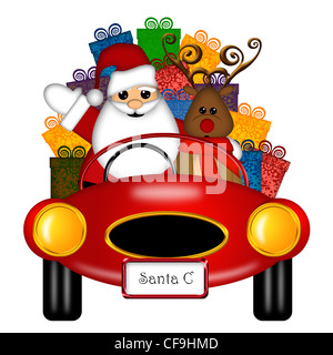 Babbo Natale e le renne in rosso auto sportiva offrendo presenta isolato su bianco illustrazione Foto Stock