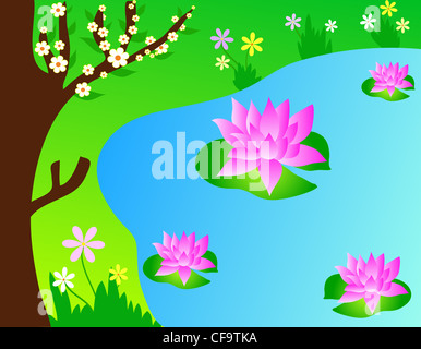 Fiori di Ciliegio e rosa in Lotus Pond illustrazione Foto Stock