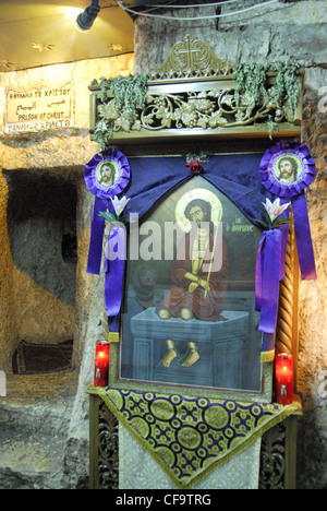 Icona di Gesù Cristo in catene nella prigione di Cristo nella città vecchia di Gerusalemme Foto Stock