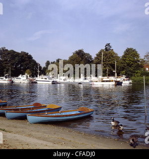 Ormeggiato a piacere di incrociatori e imbarcazioni a remi sul Fiume Tamigi a Oriente Molesley. Surrey. Inghilterra Foto Stock