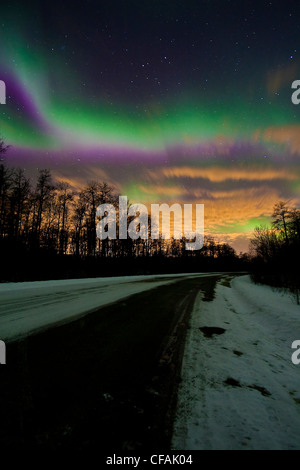 Aurora boreale (Northern lights) tende di luce su strada in inverno in Elk Island National Park, Alberta, Canada. Foto Stock