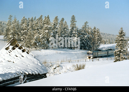 BC Rail Prospector treni passeggeri che viaggiano attraverso la regione di Cariboo della British Columbia, Canada Foto Stock