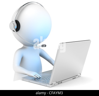 3D poco carattere umano con un auricolari e un computer portatile. La gente di affari serie. Foto Stock