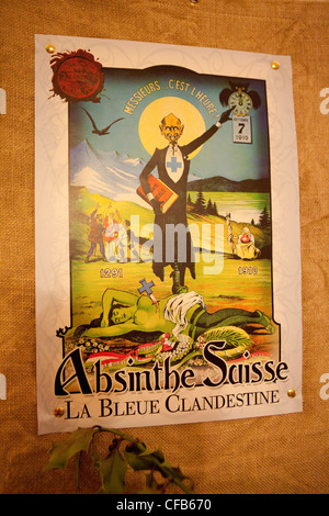 Francia, Giura, ristorante, alcol, schnapps, assenzio, poster, astinenza, blue cross, tossicodipendenza Foto Stock