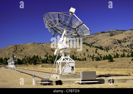 Una grande parabola satellitare con tre in background all'Dominion Radio Astrophysical Observatory vicino Okanagan Falls, BC. Foto Stock