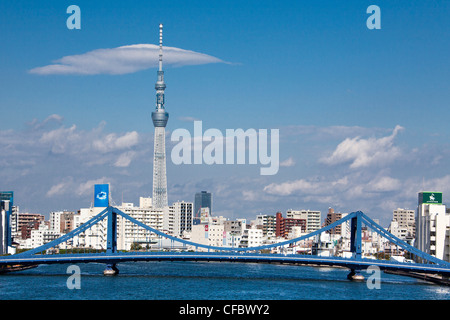 Giappone, Asia, Tokyo, città, Sumida River, Sky Tree Tower, acqua, blu, bridge, luminoso, moderno, nuovo river, skyline, sospensione, t Foto Stock