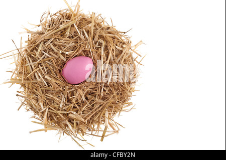 Nido di paglia con belle colorate le uova di Pasqua su bianco studio shoot Foto Stock