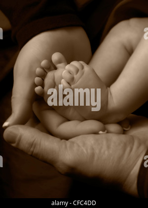 Seppia close up del bambino con i piedi sul genitore le mani Foto Stock