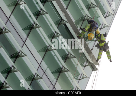 Detergenti per finestre a scalare marcia sono sospesi da funi al di fuori di un edificio alto. Foto Stock