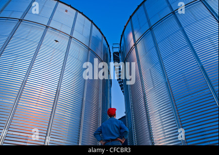 Un uomo si affaccia sul deposito di grano bin, vicino Lorette, Manitoba, Canada Foto Stock