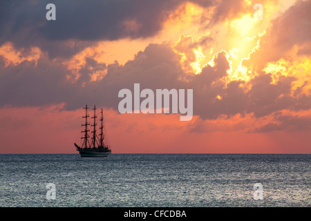 Tall Ship "Sedov" l'ancoraggio a Binz località balneare di sunrise, Ruegen isola, Mar Baltico, Meclemburgo-Pomerania Occidentale, Germania Foto Stock