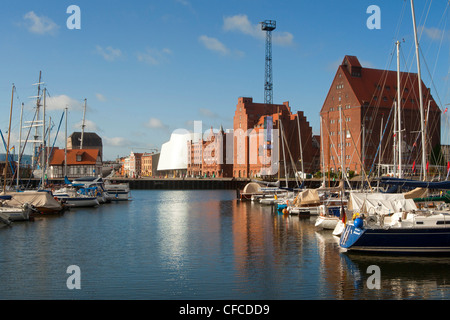 Ozeaneum, magazzini e le barche a vela nel porto, Stralsund, Mar Baltico, Meclemburgo-Pomerania Occidentale, Germania Foto Stock