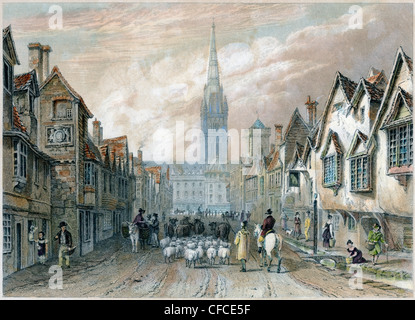 Una scansione ad alta risoluzione di un'incisione o incisione intitolata ' Salisbury, View in Castle Street Looking South ' stampata nel 1829. Creduto esente da copyright. Foto Stock