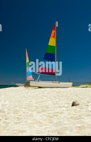 Catamarani sulla spiaggia sabbiosa. Matamanoa Island, Figi, South Pacific. Foto Stock